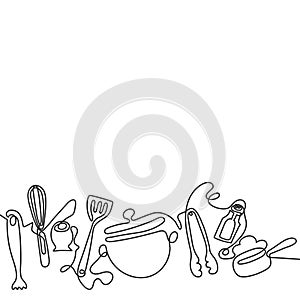 Cutlery line art background. One line drawing of different kitchen utensils. Vector