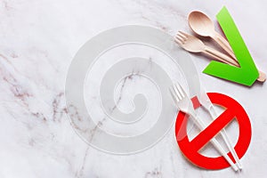 Cutlery made of wood and plastic concept stop plastic non-degradable materials