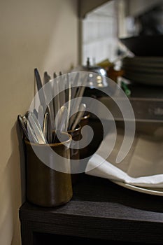 Cutlery in restaurante, kitchen clean and harmony photo