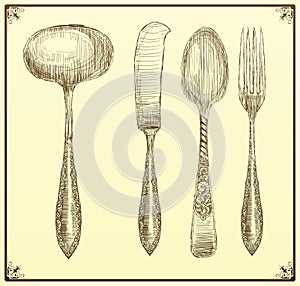 Cutlery set. Doodle style