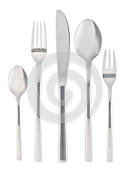 cutlery set with forks, knifes and spoons isolated on white background