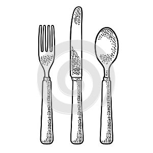 Cutlery set with knifes, spoon and fork. Vector vintage engraving