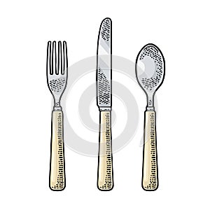 Cutlery set with knifes, spoon and fork. Vector vintage engraving