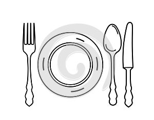 Cutlery set. Plate, fork, knife, spoon icon design elements. Lin