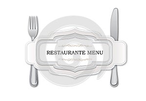 Cutlery set. Restaurante menu card template design. Dining symbos over white background photo