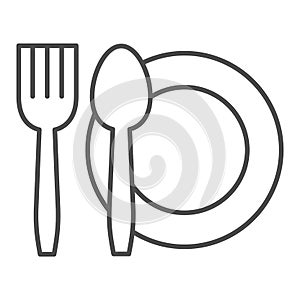 Cutlery set thin line icon. Plate dish with fork and knife symbol, outline style pictogram on white background. Food or