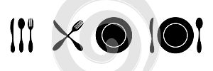 Cutlery silhouettes on transparent background. Fork, knife, spoon and plate set icons pack.
