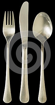 Cutlery Table Set Of Dinner Knife And Fork With Soup Spoon Isolated On Black Background