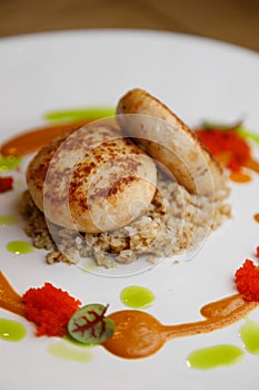 Cutlets with buckwheat and mushrooms  and sauce around. Restaurant serving dishes  close-up