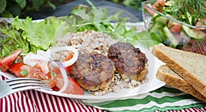 Cutlets with buckwheat porridge and salad. Healthy eating concept. Macro photo. Top view and side view. Erupny plan of the dish