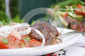 Cutlets with buckwheat porridge and salad. Healthy eating concept. Macro photo. Top view and side view. Erupny plan of the dish