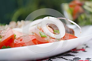 Cutlets with buckwheat porridge and salad. Healthy eating concept. Macro photo. Top view and side view. Erupny plan of the dish