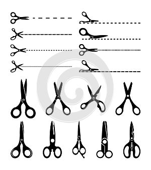 Cutoff scissors. Cut tools and cutting lines black signs isolated on white cutout dots marks for marking discount coupon
