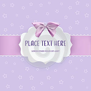 Cutout 3D paper figure frame label with pink satin bow and ribbon on the purple background with dotted stars.