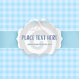 Cutout 3D paper figure frame label with silver satin bow and light blue ribbon on the checkered tile seamless pattern.