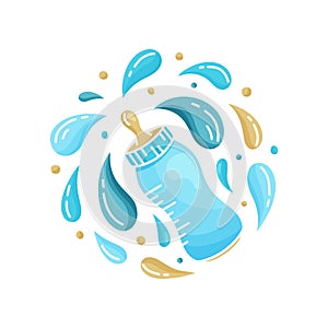 Cutout blue illustration poster of baby bottle with pacifier. Cartoon milk bottle with flying spray. Round flat template for