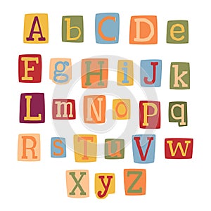 Cutout colorful letters from magazine y2k style alphabet. Anonymous notes 90s vintage.