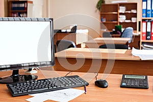 Cutout lcd screen of computer monitor is in empty office room, area