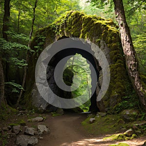 Cutout natural rock arch in the forest. Stone arch isolated on white background. Cave entrance made of old