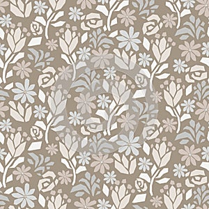 Cutout paper flower gray beige seamless vector pattern.