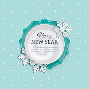 Cutout paper round label with ornamental frame and 3d snowflakes on the winter background with seamless pattern of falling snow.