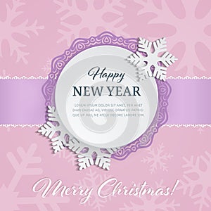 Cutout paper round label with ornamental frame and 3d snowflakes on the soft pink winter background with snowflake silhouettes.