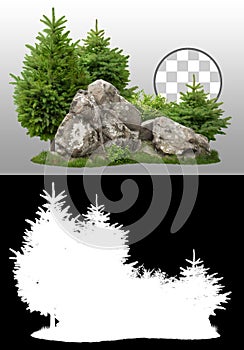 Cutout rock surrounded by pine trees