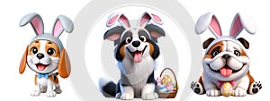 Cutout Set of Cute 3D Dogs Dressed Up as Easter Bunny, Isolated on Transparent or White Background: PNG Clipart