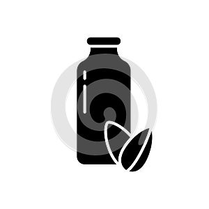 Cutout silhouette of almond milk. Outline vegetable drink logo. Bottle with two seeds. Black illustration of organic food,