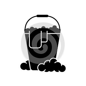 Cutout silhouette of Bucket with rag and soap suds. Outline icon of wet cleaning. Black illustration of mopping, disinfection,