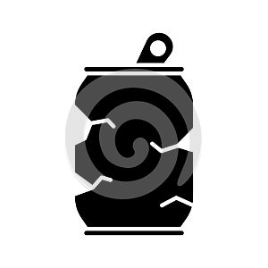 Cutout silhouette Crushed tin can. Outline icon of drink container with opener. Black simple illustration of crumpled aluminum