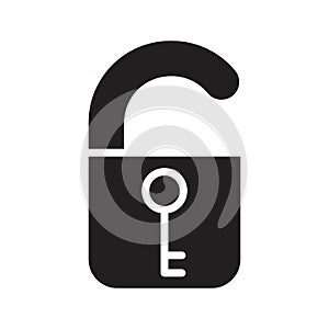 Cutout silhouette Open lock with key icon. Outline unlock logo. Black simple illustration. Flat isolated vector image on white