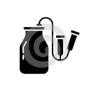 Cutout silhouette Vacuum milking machine icon. Outline logo of milker. Black simple illustration of can with hose and teatcups,