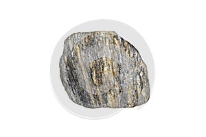 Cutout specimen of gneiss rock stone isolated on white background.