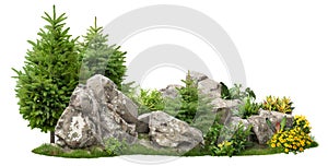 Cutout stones surrounded by pine trees