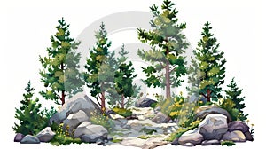 Cutout trees on white background. Forestscape with trees and bushes among the rocks. Tree line landscape summer. photo