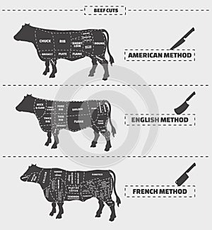 Cuts of beef. American, english and french method. photo