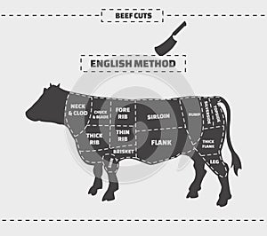 Cuts of beef. English method. Vector vintage illustration on a gray background.