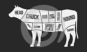 Cuts of beef. Meat cuts. Cow silhouette isolated on black background. Vintage Poster for butcher shop. Retro diagram. Vector illus