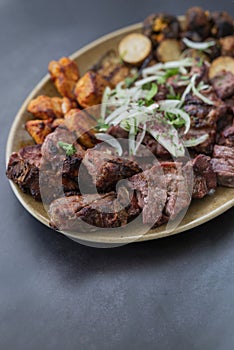 cuts of meat barbecue kebabs grilled pork and beef and chicken on a plate with onions