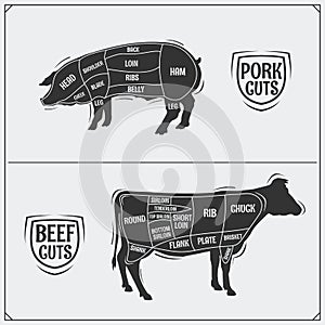 Cuts of pork and beef. American method. Vintage style.