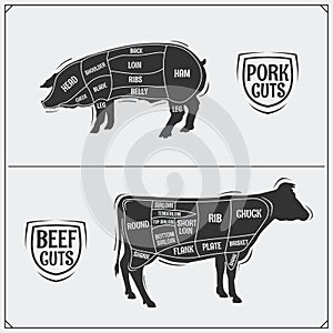 Cuts of pork and beef. American method. Vintage style. photo