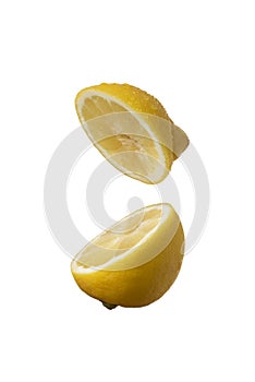 Cutted in half fresh wet yellow lemon falling in pieces, floating in the air on white isolated background