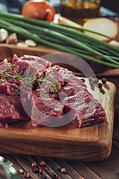 Cutted raw beef rump tail with ingredients