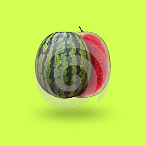Cutted watermelon isolated on yellow background with a shadow, square