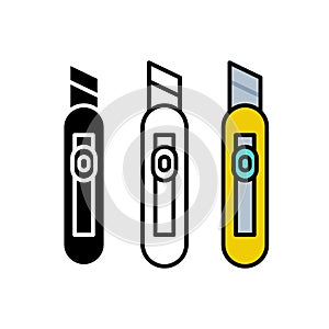 Cutter diy tool icon set. Three different styles: black filled, black outline and color filled. Cutter pictograms collection.