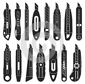 Cutter knife vector black icon set . Collection vector illustration cutter tationery on white background. Isolated black