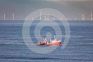 A cutter with lifted drag nets on the North sea with wind turbines in the background