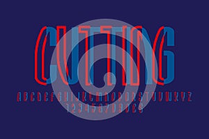 Cutting artistic display font. Puzzling red blue letters, numbers and currency signs. Isolated vector english alphabet