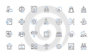 Cutting back line icons collection. Reduction, Saving, Pruning, Streamlining, Trimming, Downsizing, Economizing vector photo